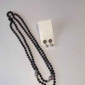 Anthro Style Black Beaded Necklace + Pearl Drop Flower Earrings Set